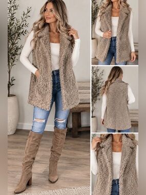 Kimberly C Teddy Sherpa Vest Cottagecore S/M Taupe Beige Faux Shearling Open